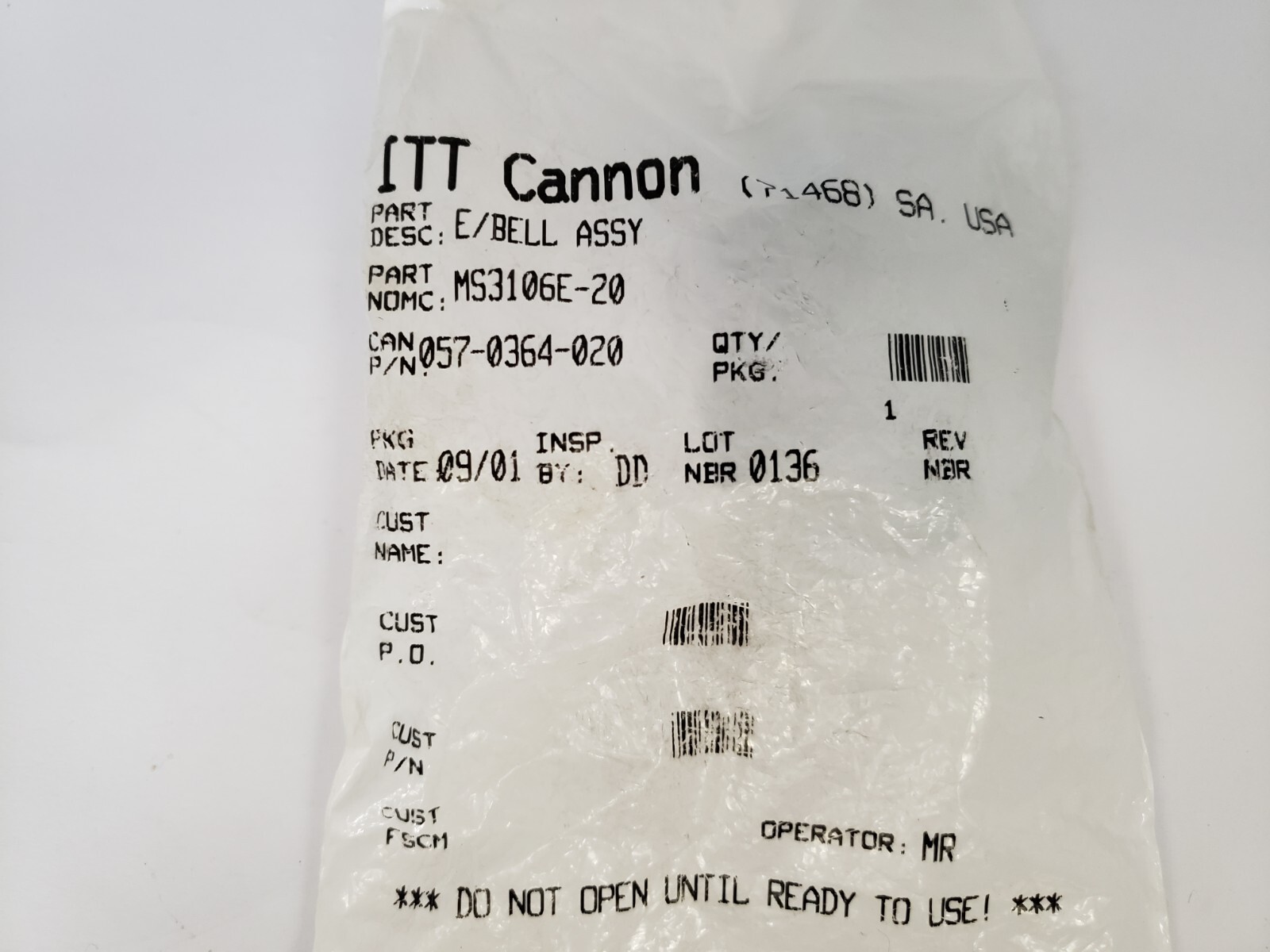 ITT CANNON MS3106E-20 END BELL ASSEMBLY FOR CONNECTOR NIB