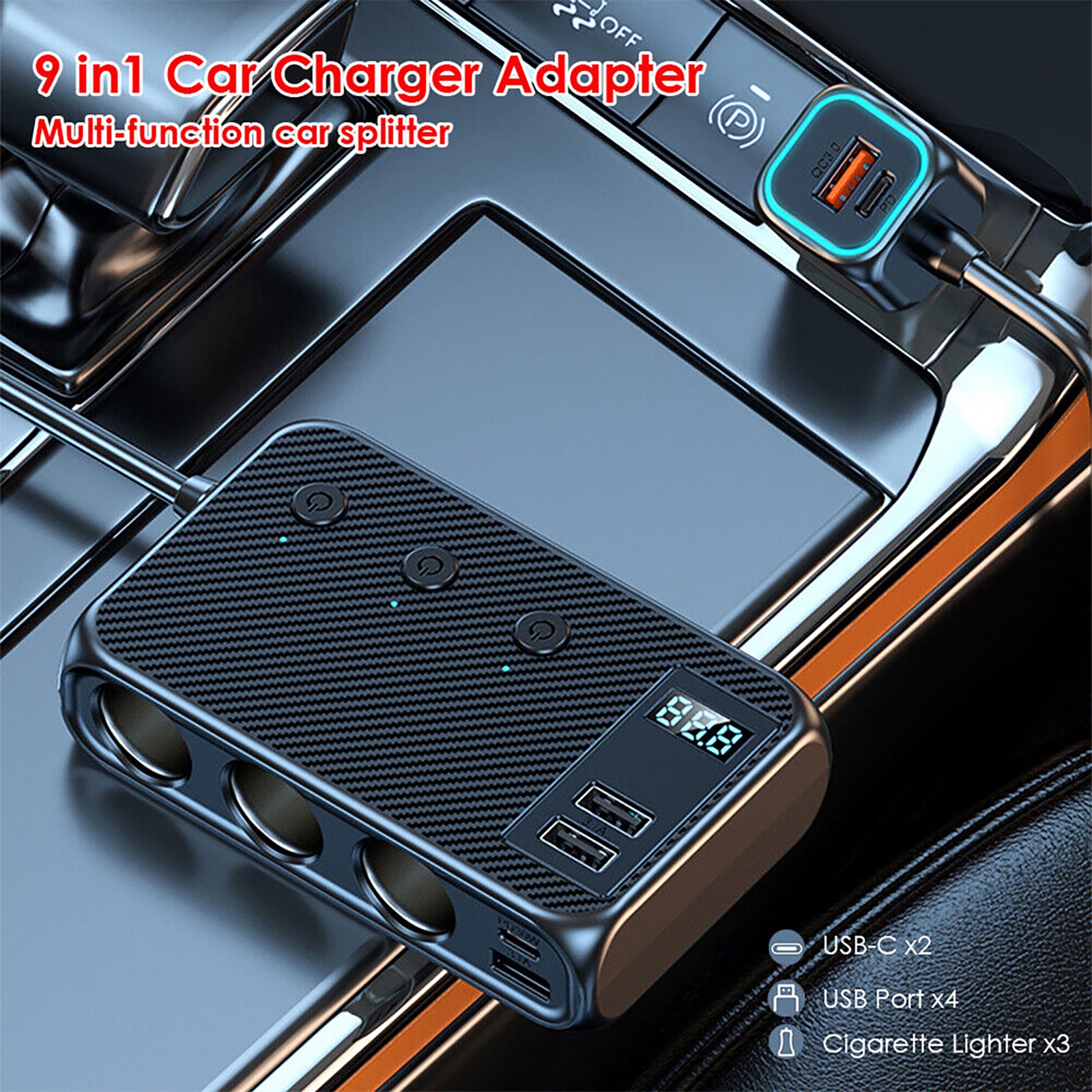 9in 1 Cigarette Lighter Socket Splitter USB-C Fast Charger Power Adapter Outlet