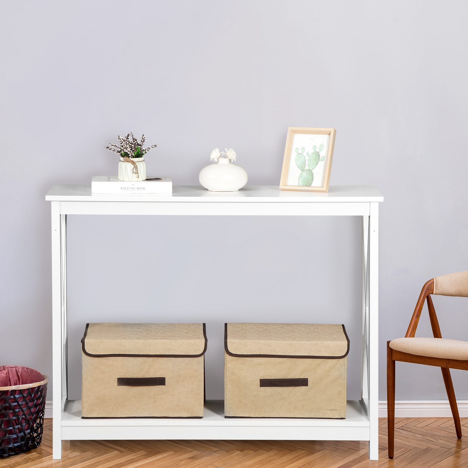 Wallmount Enhanced X Shaped Home Entryway Console Table MDF Frame, White