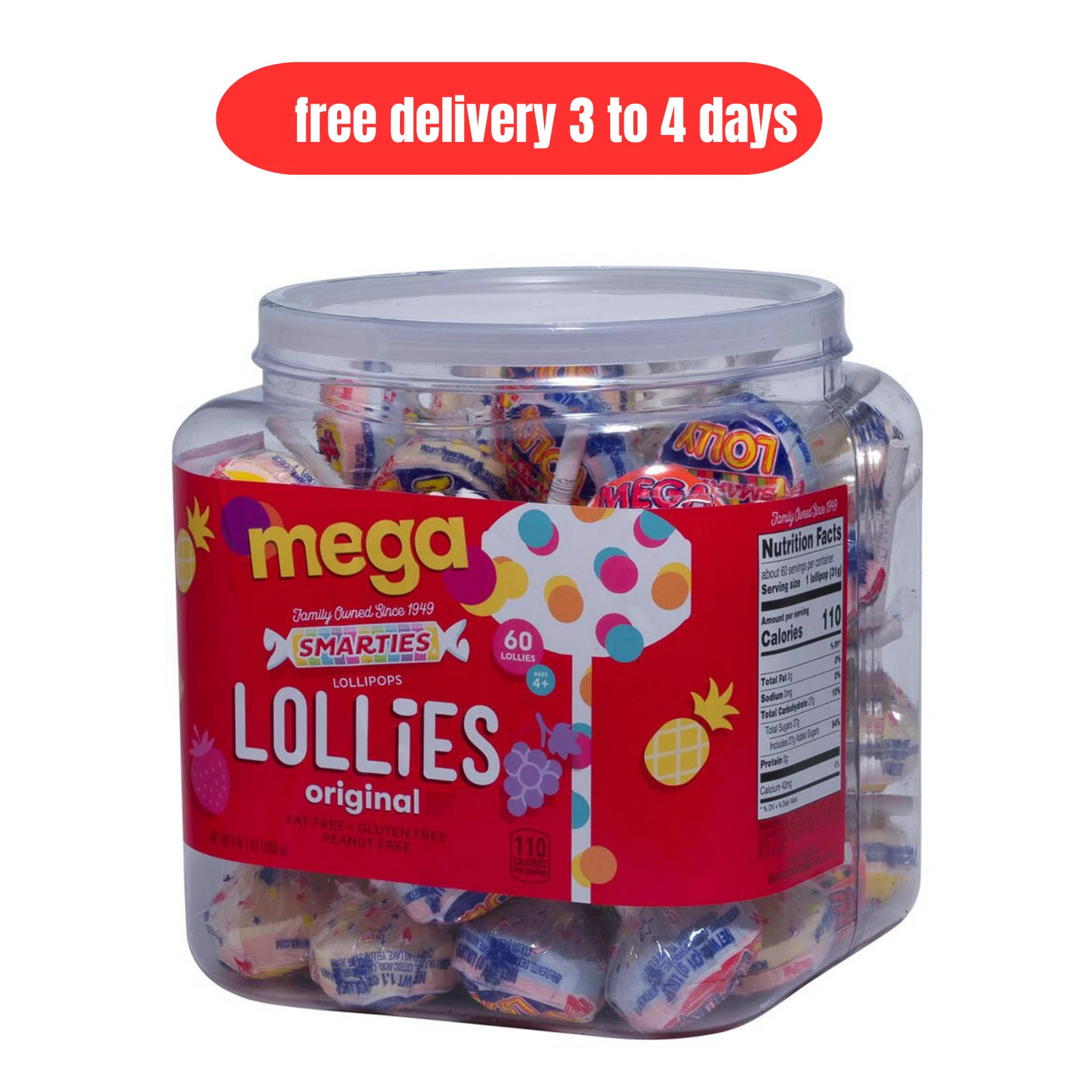 Smarties Gluten-Free Original Mega Lollies, 65 oz Jar, Allergen Free