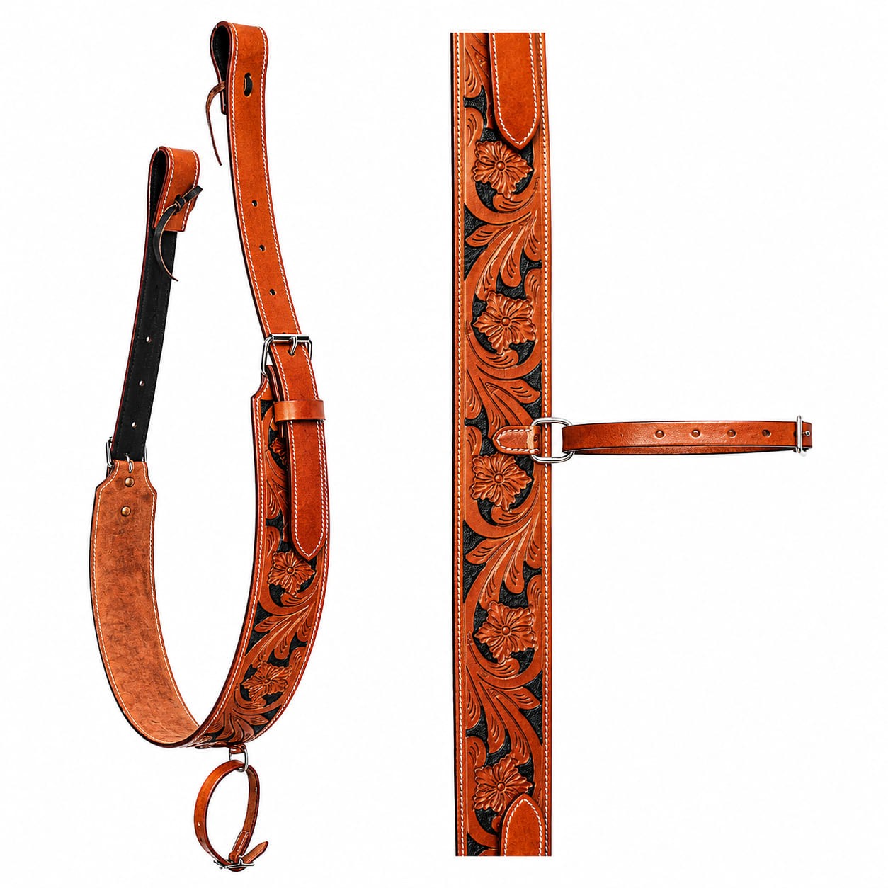 Horse Handcrafted Floral Tooled Black Inlay Oiled Tan Leather Rear Flank Saddle