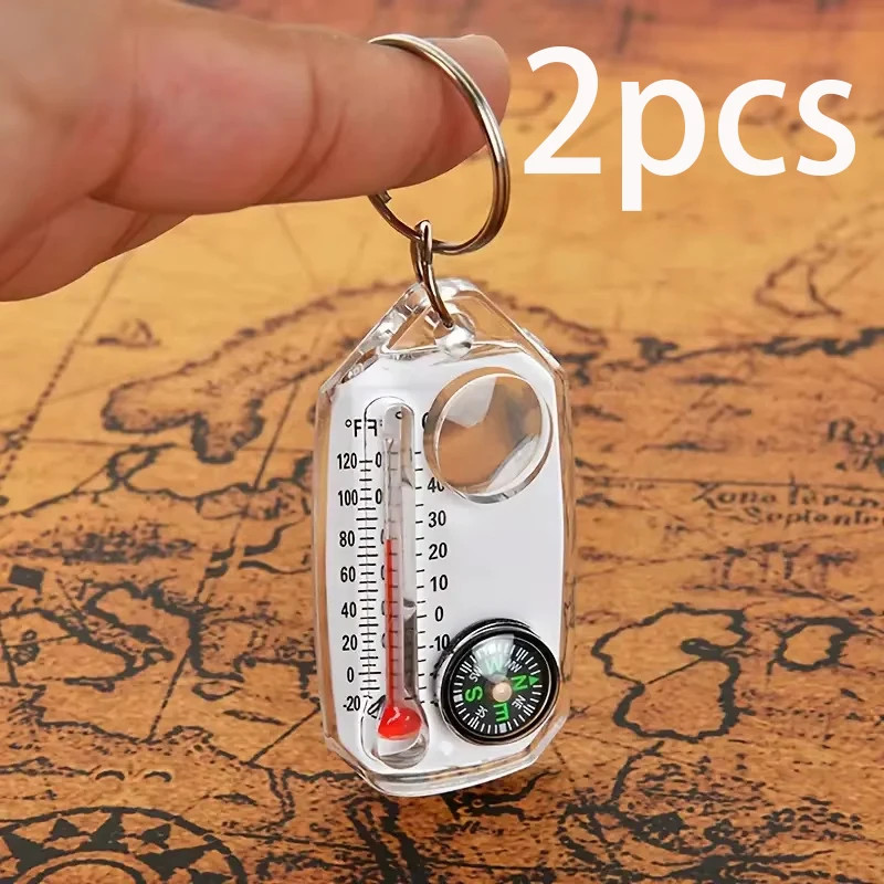 3 in 1 Keychain Compass Portable Mini Keychain Outdoor Thermometer magnifying.
