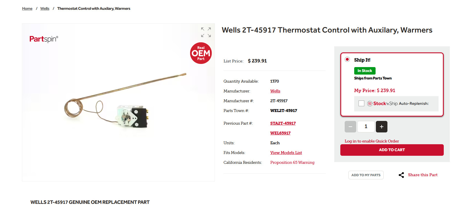 Robertshaw Oven Thermostat KA-1119-42 for Wells 2T-45917
