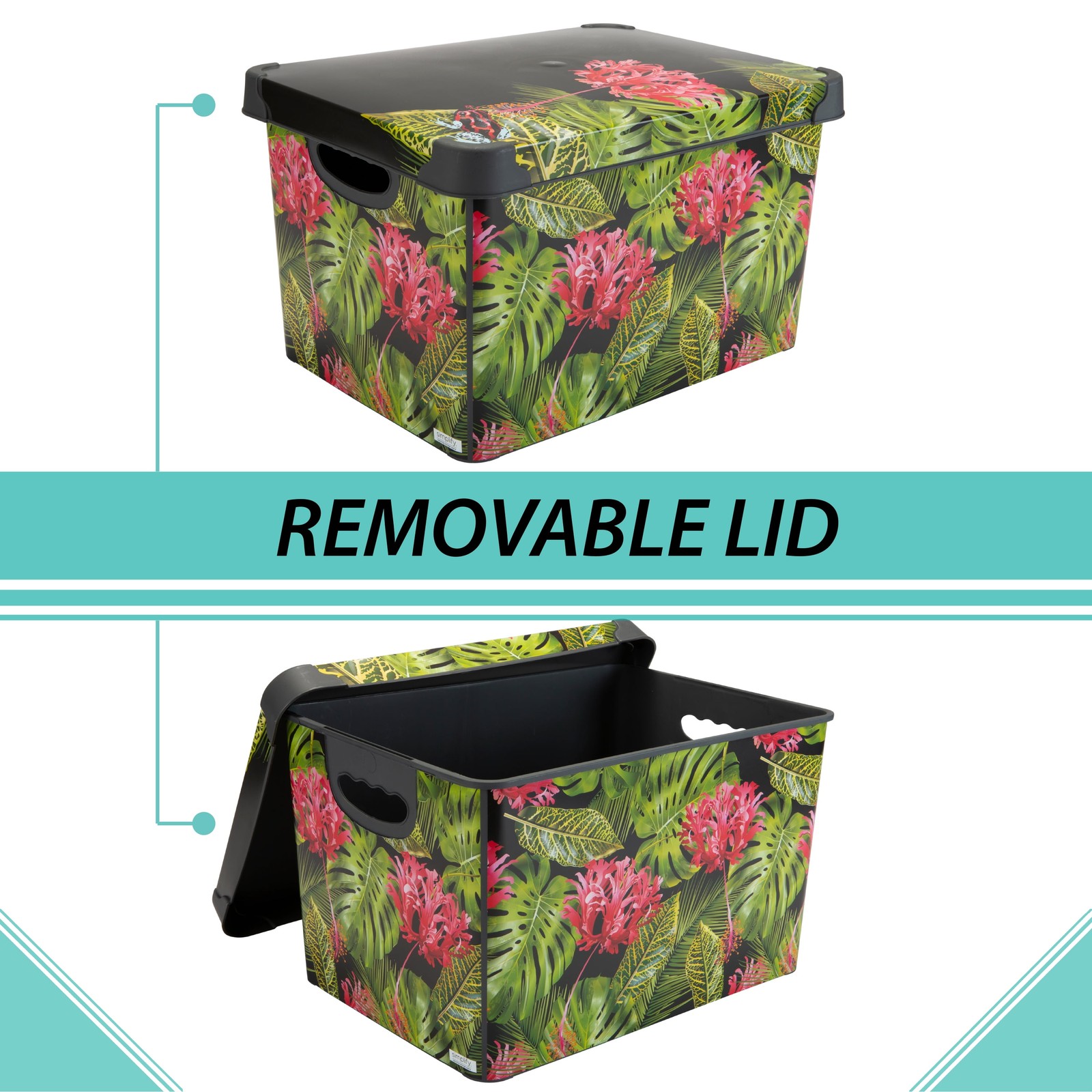 2 Pack Tropical Leaf Print Design Plastic Storage Bin, Black