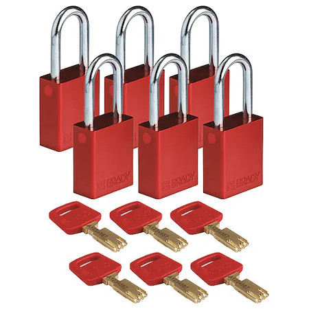 Brady Alu-Red-38St-Ka6pk Lockout Padlock, Keyed Alike, Aluminum, Red, 1 1/2 In