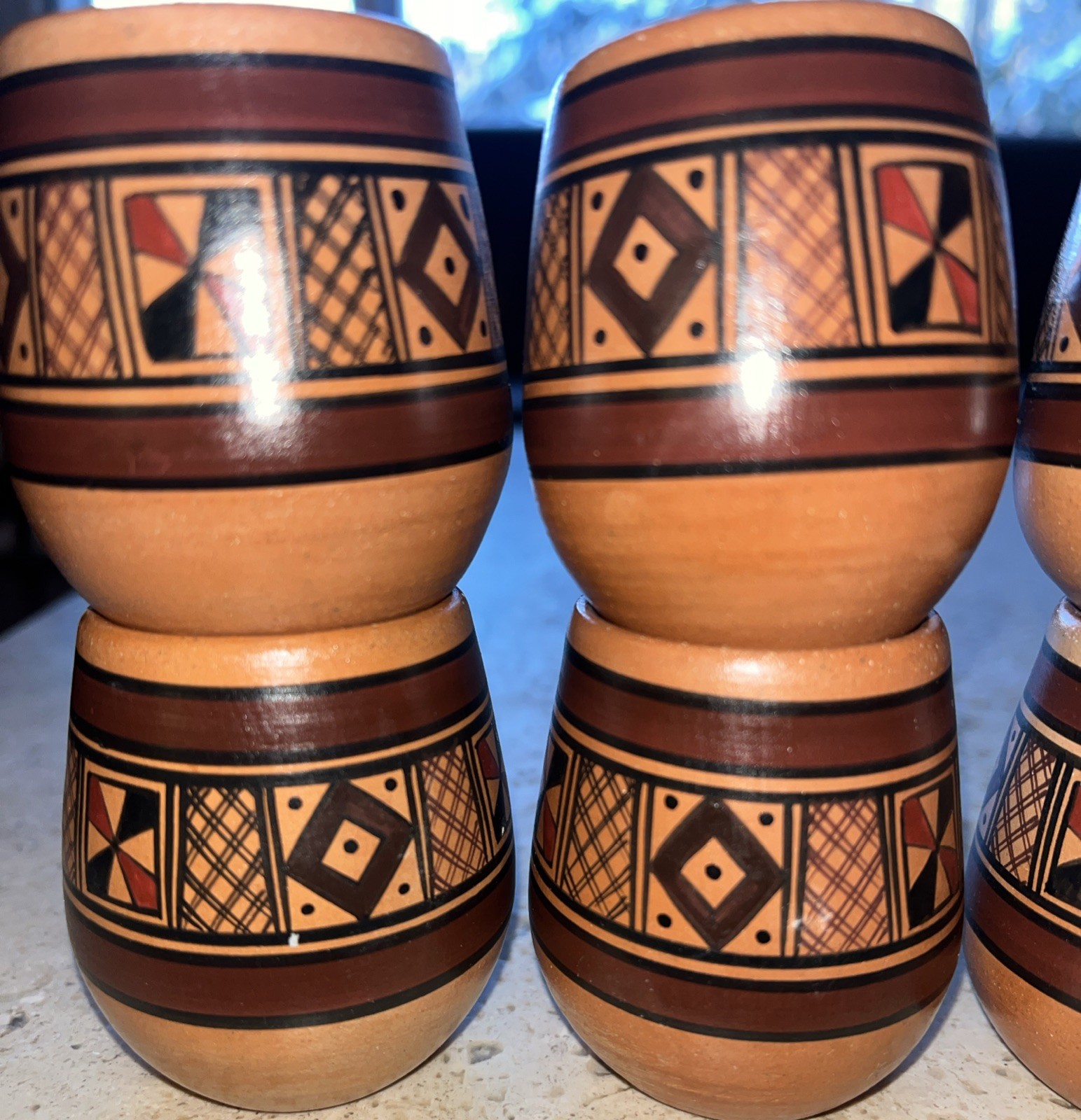 Peruvian Cusco Pottery Terracota 6 Cups Porcelain Inca Geometric Pattern Peru