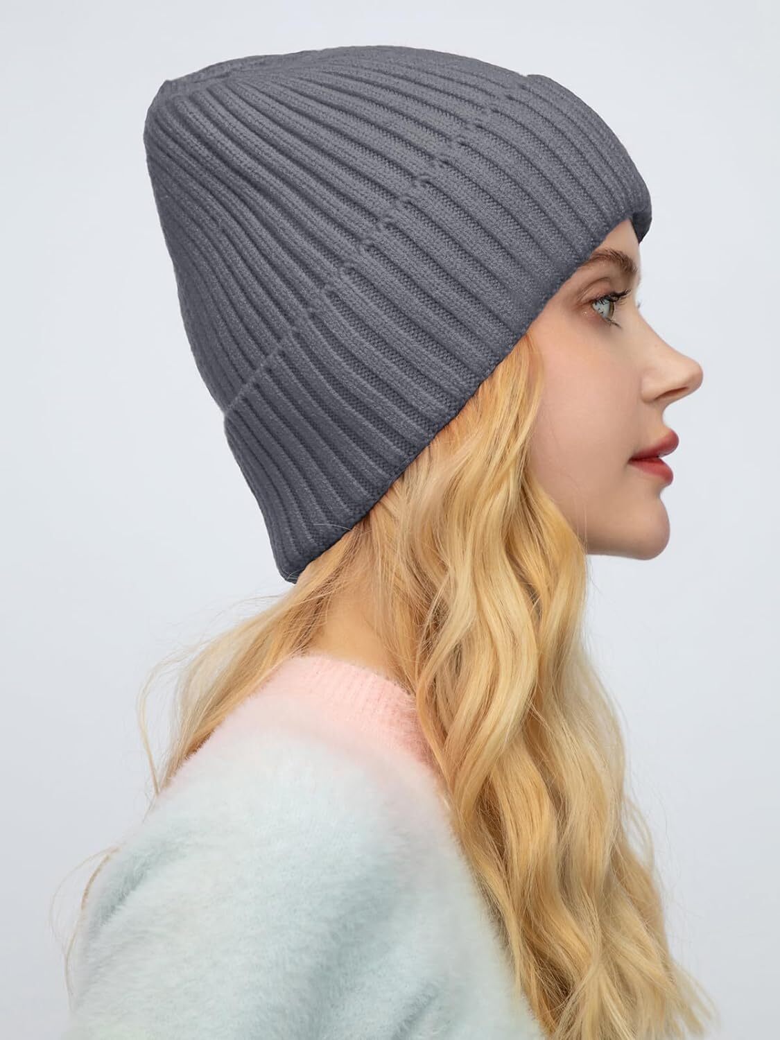 ROYBENS Womens Satin Lined Beanie for Men Wool Knit Cuffed 2pcs (Gray+black)