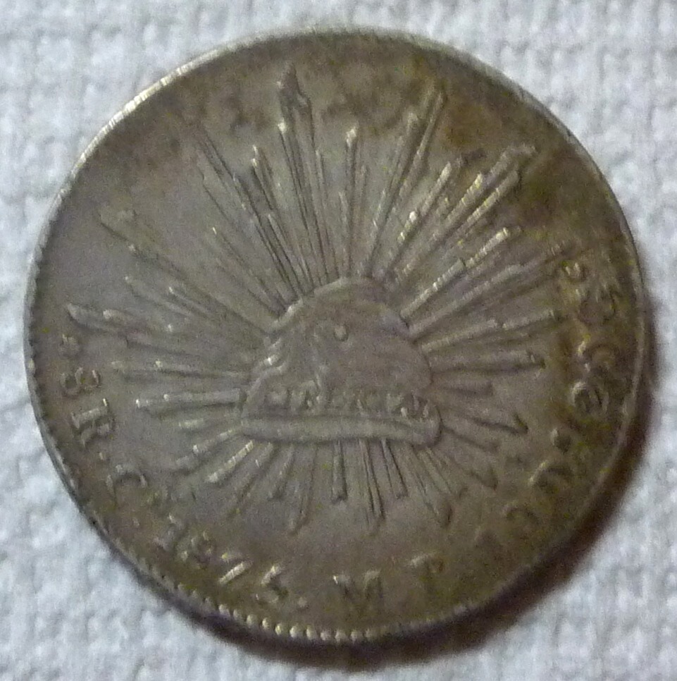 1875 Cn MP MEXICO - 8 REALES - CULIACAN - SILVER CROWN - RADIANT CAP & RAYS -RAR
