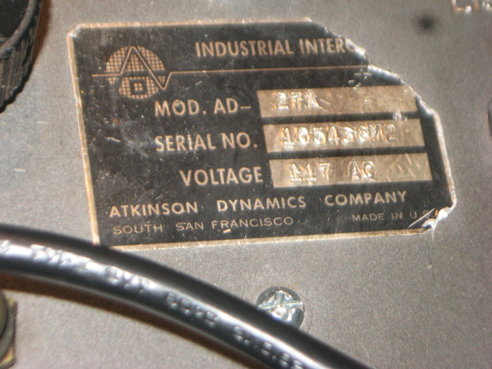 ATKINSON DYNAMICS INDUSTRIAL INTERCOM AD27A # 1