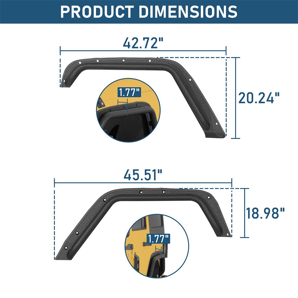Hooke Road Front & Rear Compact Tube Fender Flares Fit 07-18 Jeep Wrangler JK