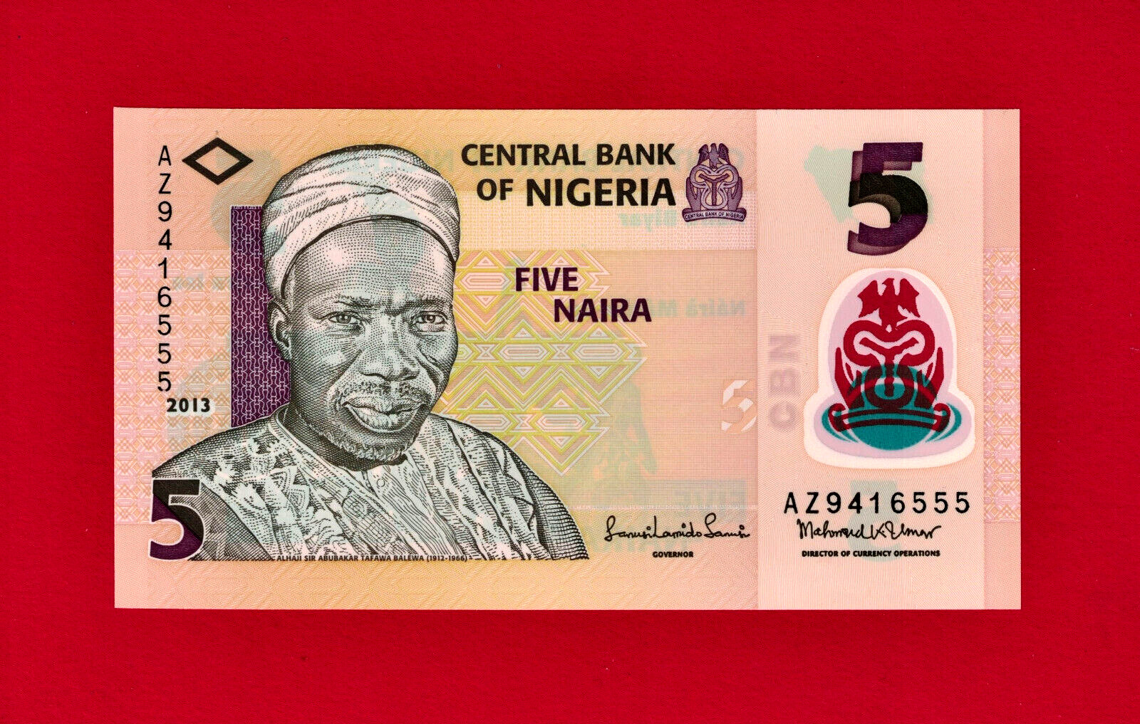 FIVE 5 NAIRA 2013 NIGERIA UNC POLYMER NOTE (Pick-38d) Signatures: Sanusi & Umar