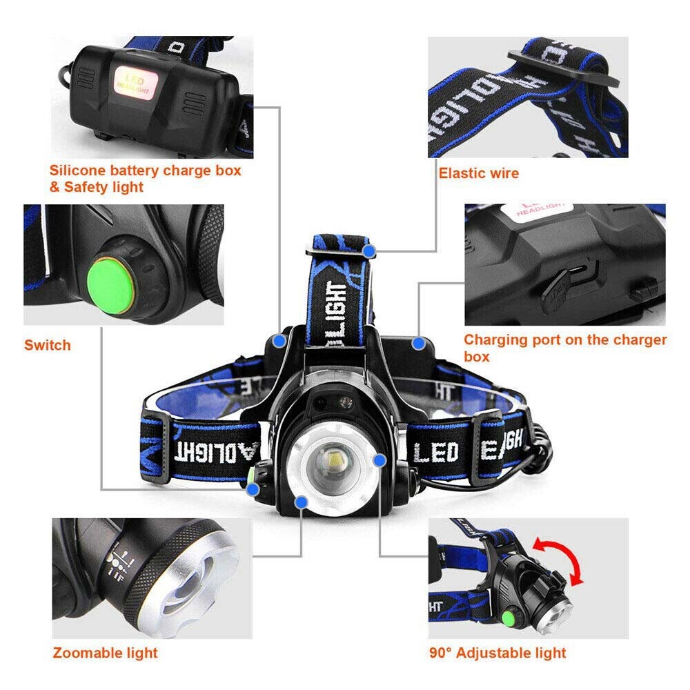 Rechargeable Head Light Torch LED Tactical Adjustable Headlamp 3 Mode Zoomable