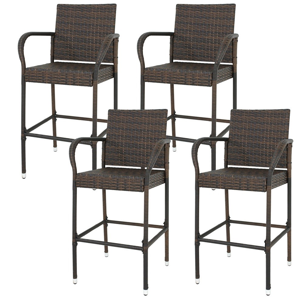 Set of 4 Patio Wicker Barstool Patio Bar Stools Brown Indooor Outdoor Backyard