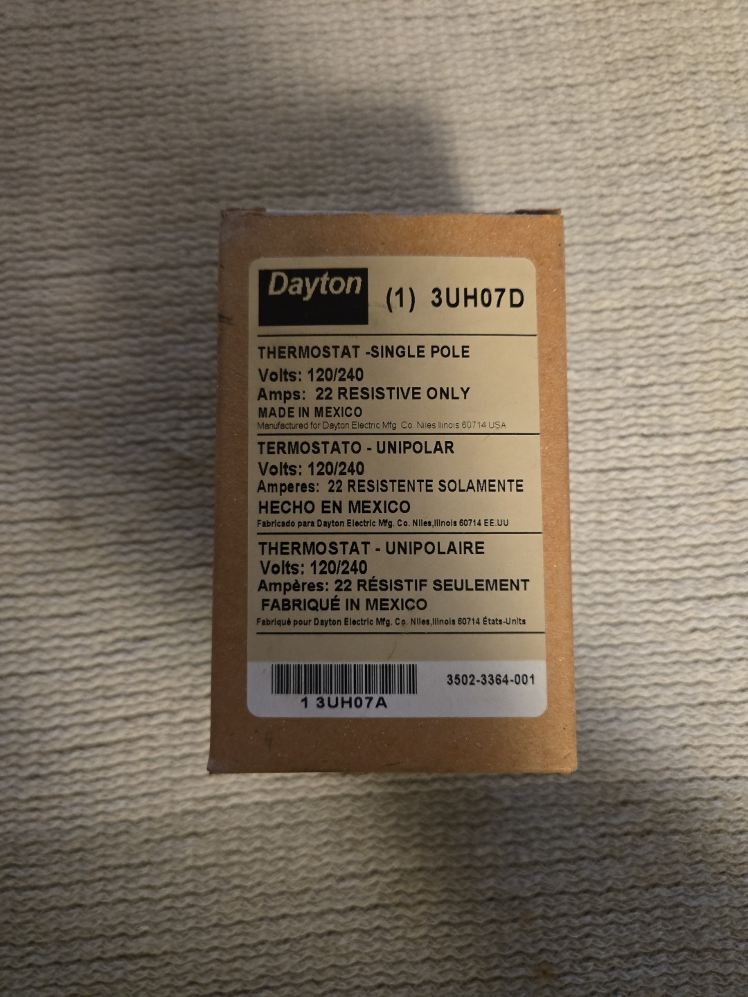 Dayton, 3UH07D, Thermostat -Single Pole, 120/240 Volts