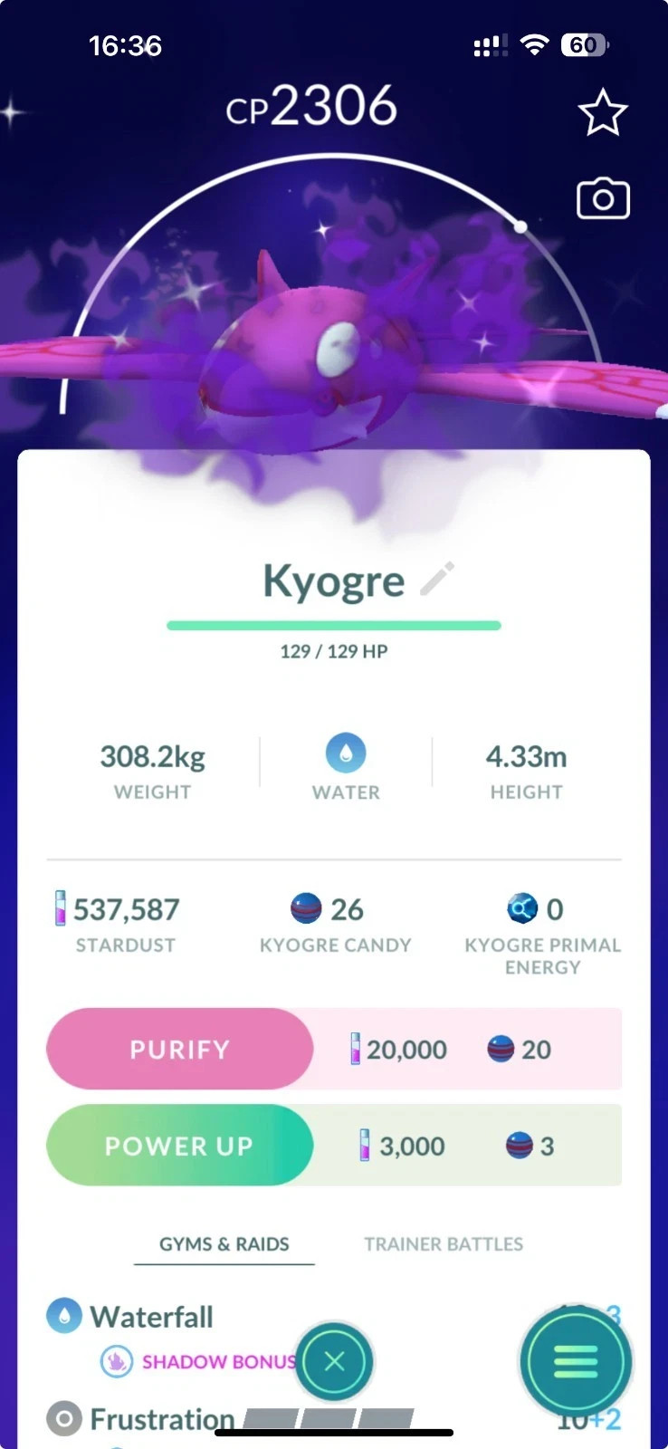 Pokémon - Shiny Shadow Kyogre - P T C 100k stardust and 20 Candies - Description