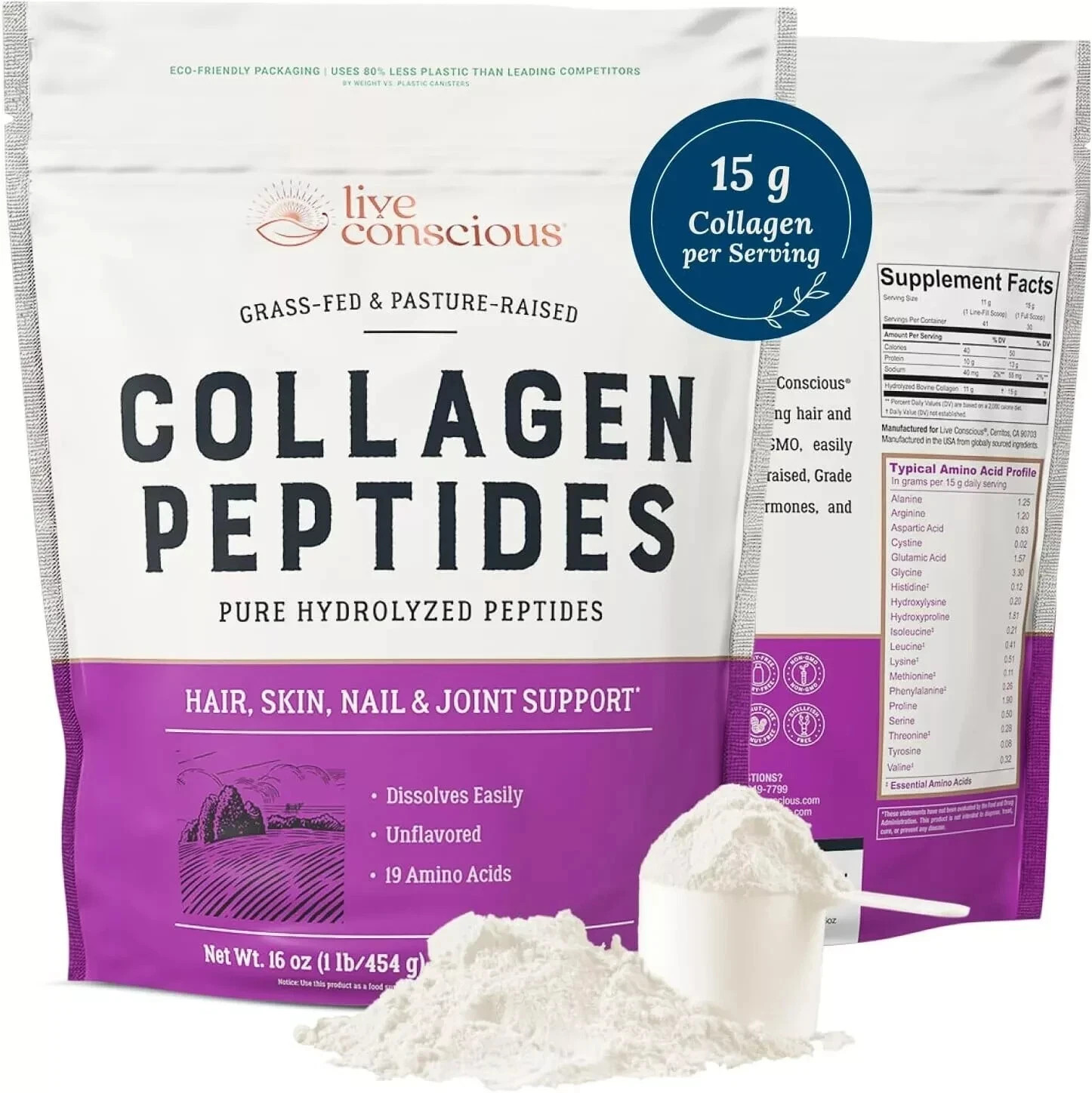 Live Conscious Collagen Peptides Powder - Hair, Skin, Nail & J Support - 16 oz