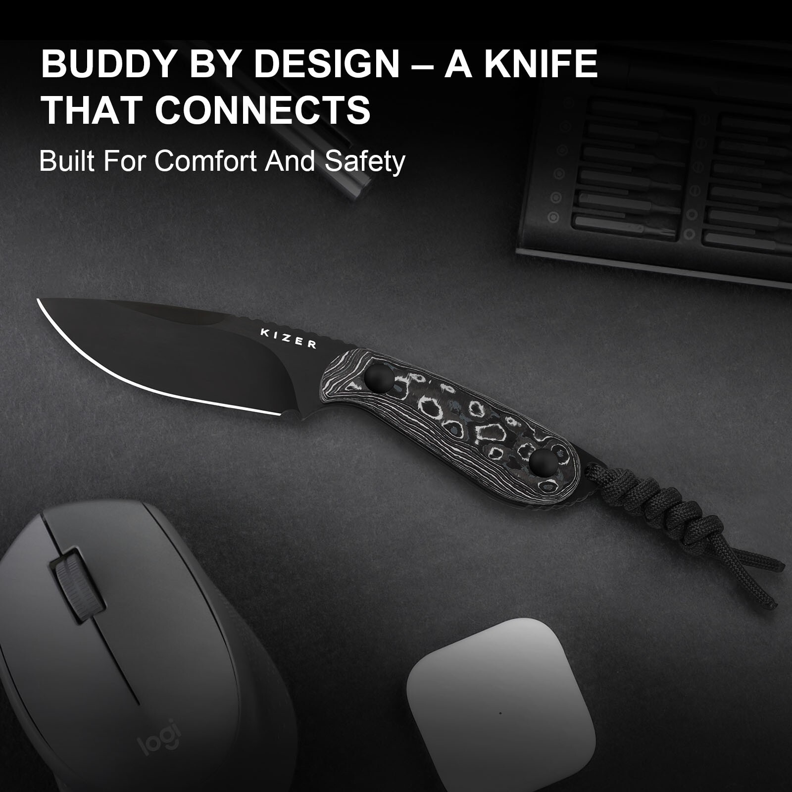 Kizer Buddy Fixed Knife Compact M390 Blade Fat Carbon White Storm Handle 1081A9