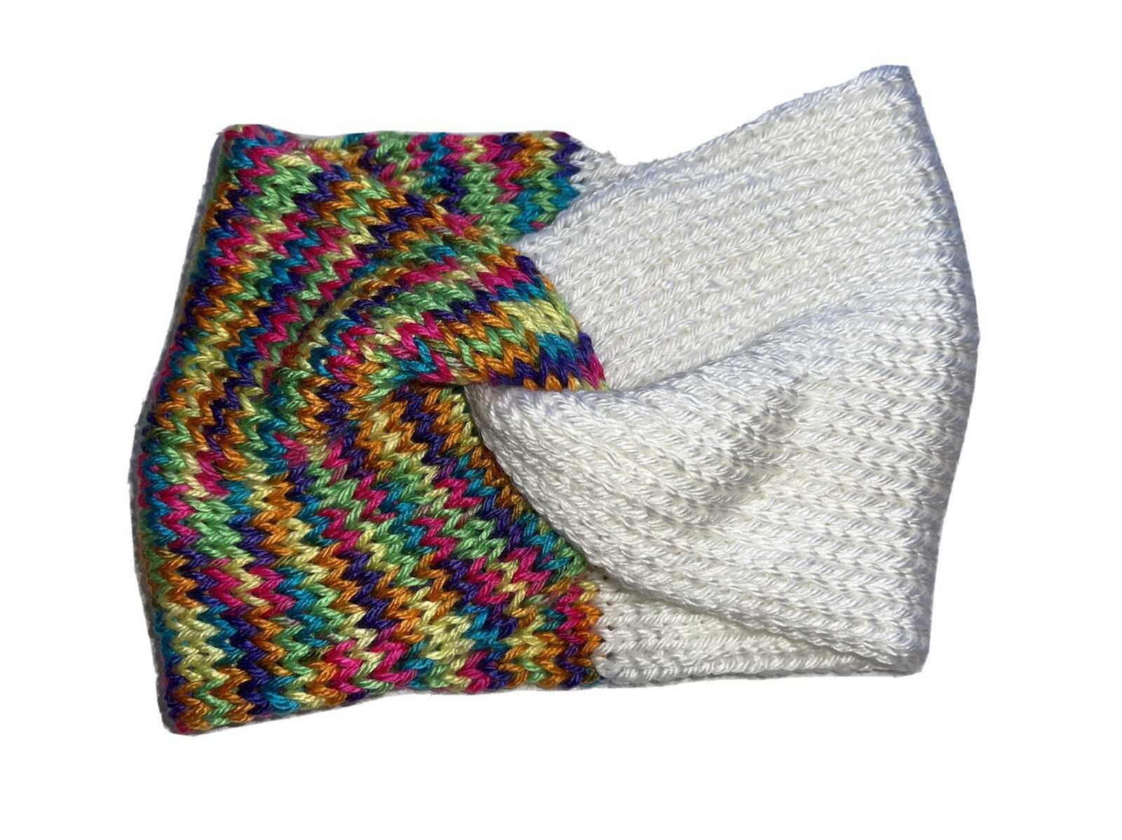 Handmade Twisted Ear Warmer - Adult Knit - White And Rainbow