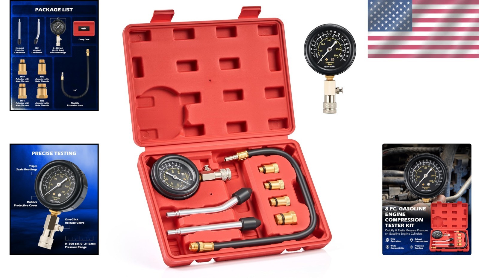 Durable 8pc Petrol Engine Testing Kit - Precision Gauge with Custom Carry Case