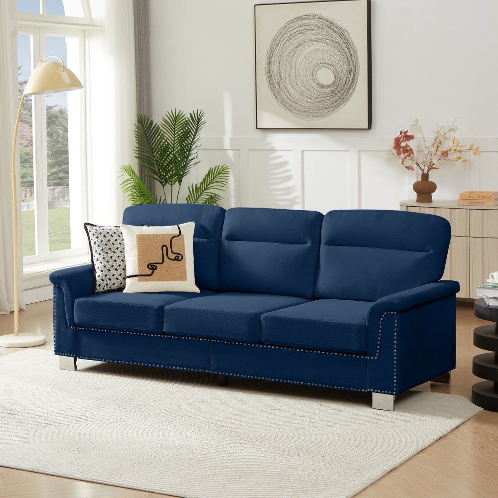82" Blue Snowfleece Fabric 3-Seater Sofa w/ Rolled Arms for Living Room