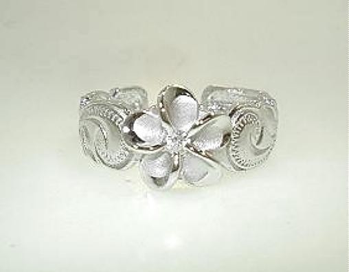 8mm Rhodium Plated 925 STER Silver Hawaiian Fancy Plumeria CZ Heritage Toe Ring