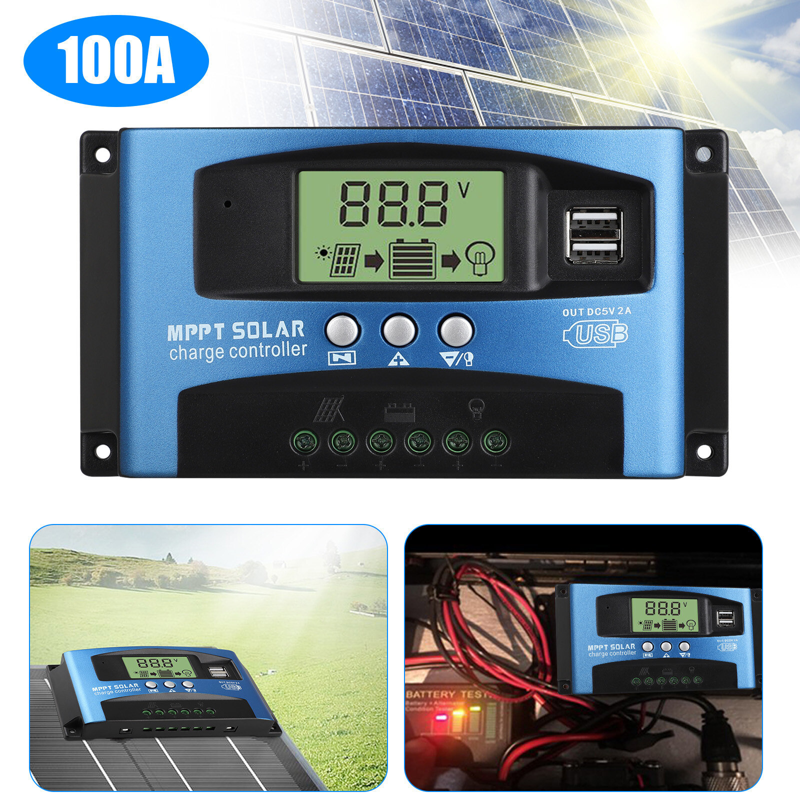 MPPT Solar Panel Regulator Charger Controller Auto Focus Tracking 100A 12V/24V