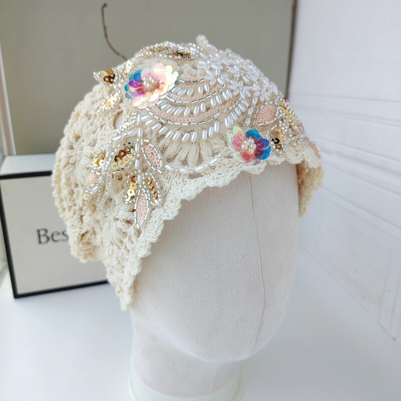 Ladies Handmade Crochet Flower Headscarf Hat Sequin Beaded Ethnic Cap Hollow Out