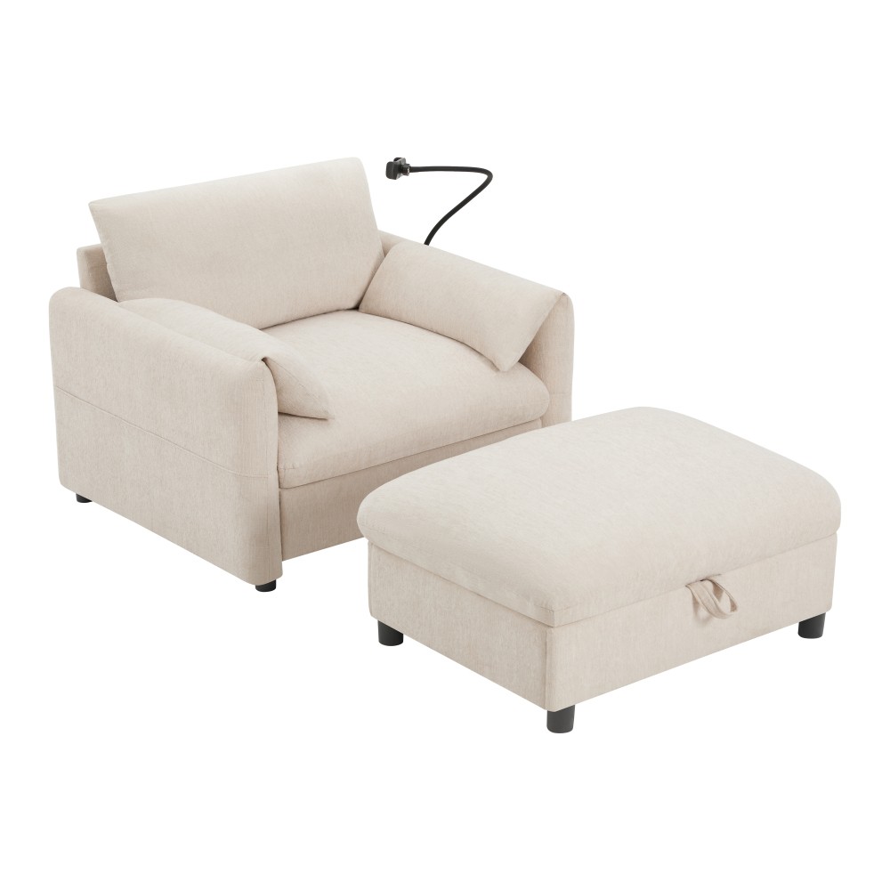 37" Chenille Cloud Chaise Lounge w/ Storage Ottoman & USB Charger