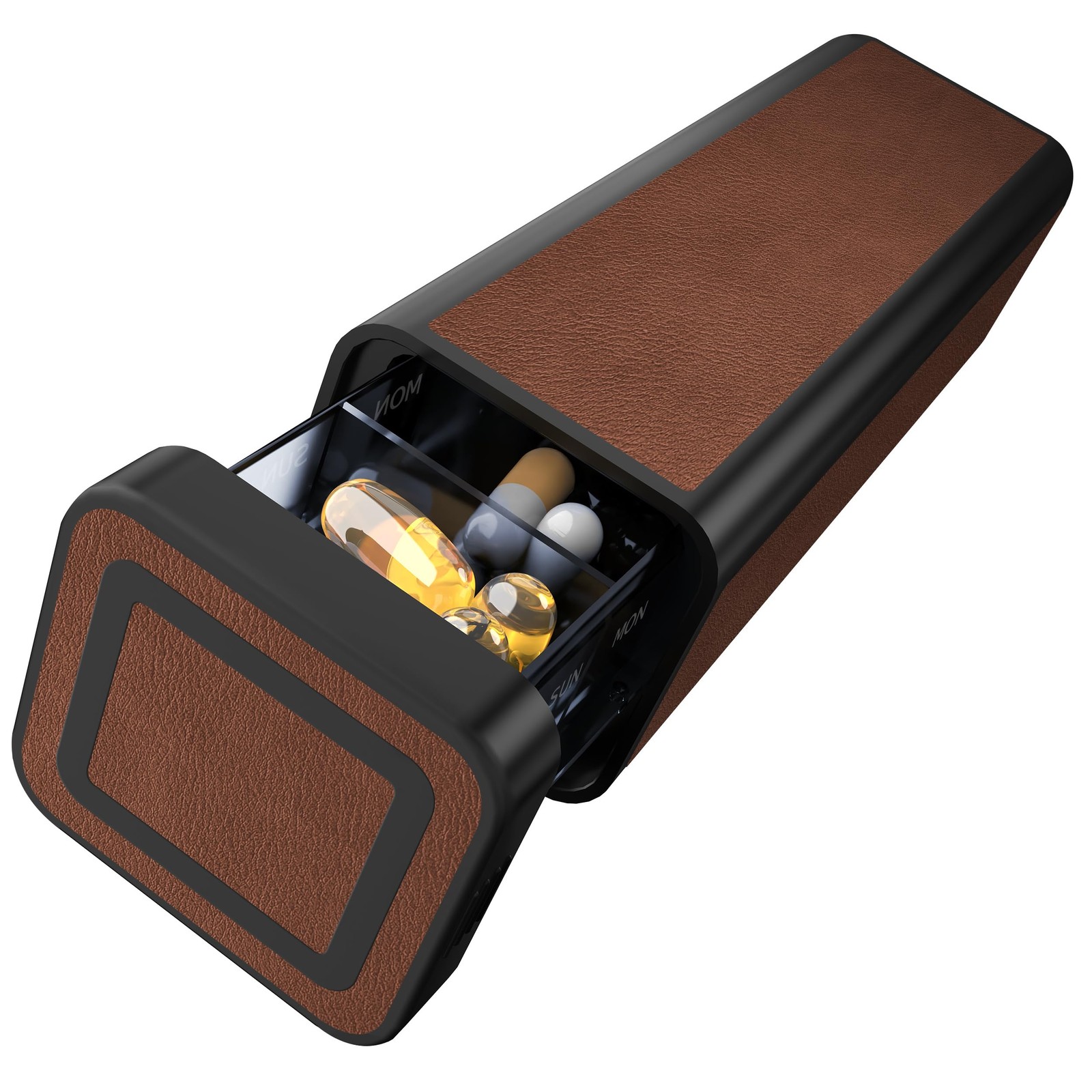 Weekly Pill Organizer 7 Day, Discreet Leather Case for Purse Dark Brown