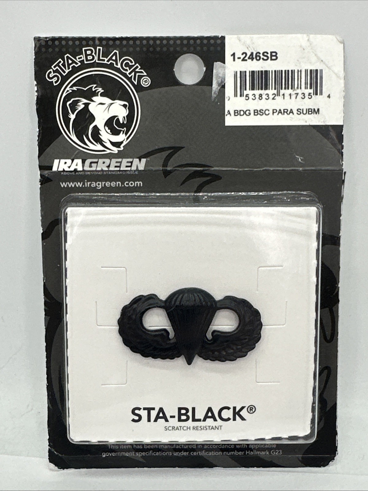 Army Badge Sta-Black Parachutist Basic Submetal 1-256SB IRA GREEN