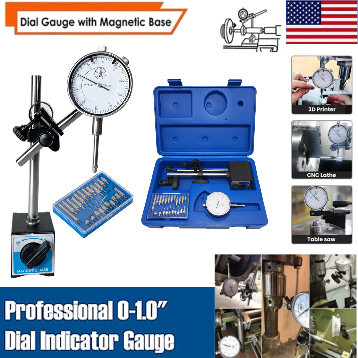 Dial Indicator with Magnetic Base Holder Differential Backlash Gauge 0-1.0 Test