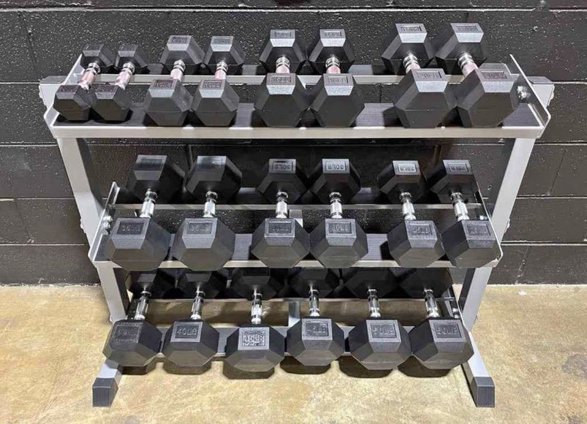 Brand New Rubber Encased Hex Dumbbell Set - 5 To 100lbs And 2 Three Tier Racks