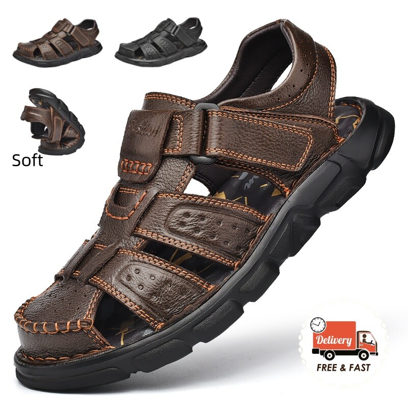 Men's Genuine Leather Sandals Closed Toe Outdoor Fisherman Beach Shoes Handmade