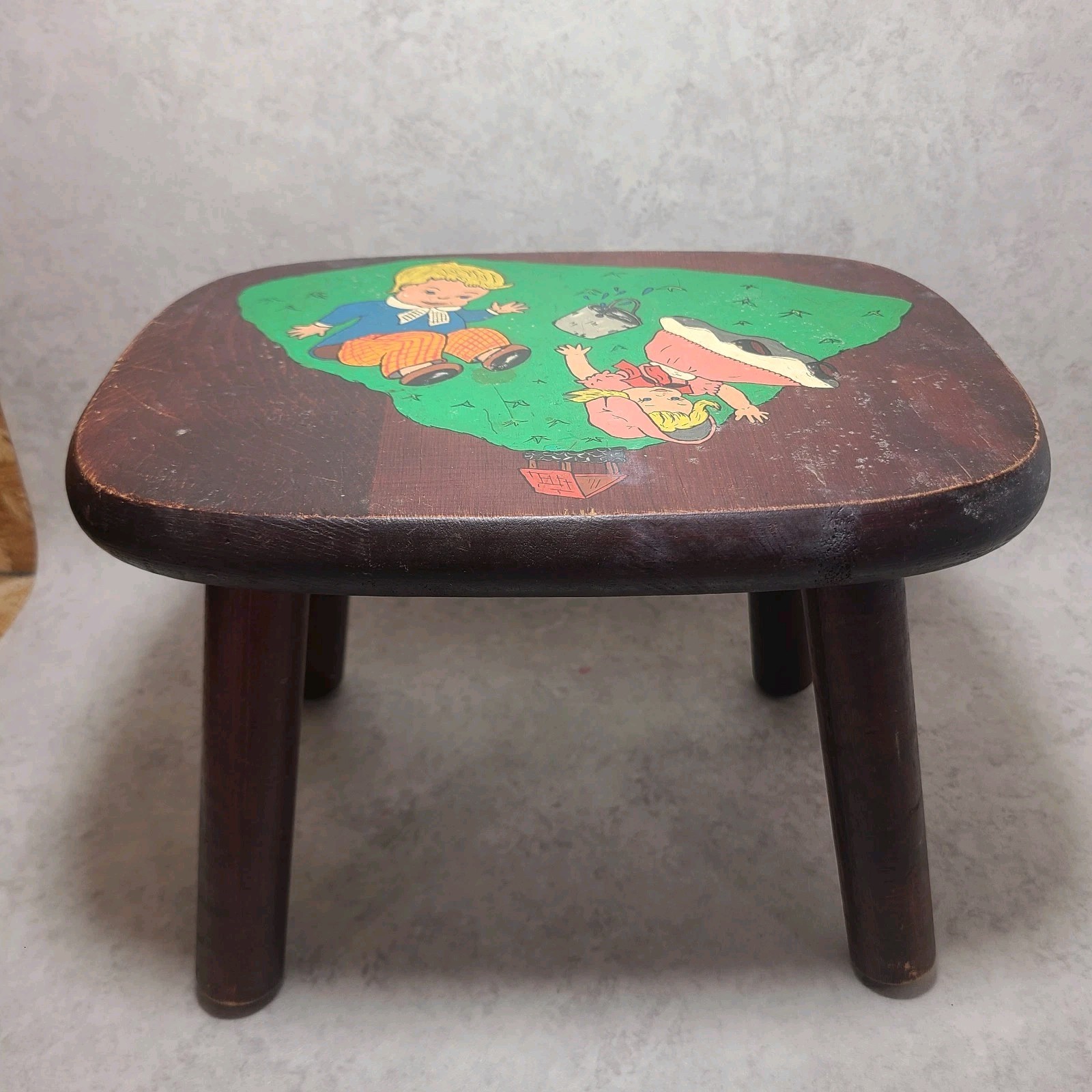 Vtg Child Wooden Step Stool Jack &Jill Handpainted Small 8 1/8" Tall