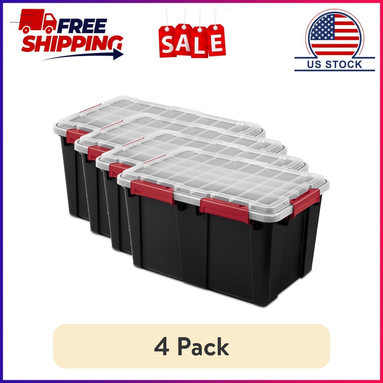 (4 pack) Sterilite Gasket Tote, 13.5 Gallon WaterProof Plastic Storage Bin with