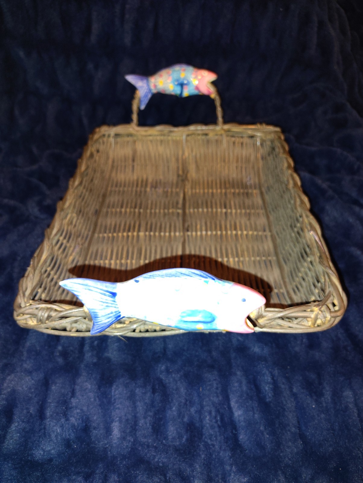 Philippines Wood/Wicker Basket w/ Ceramic Painted Fish Handles