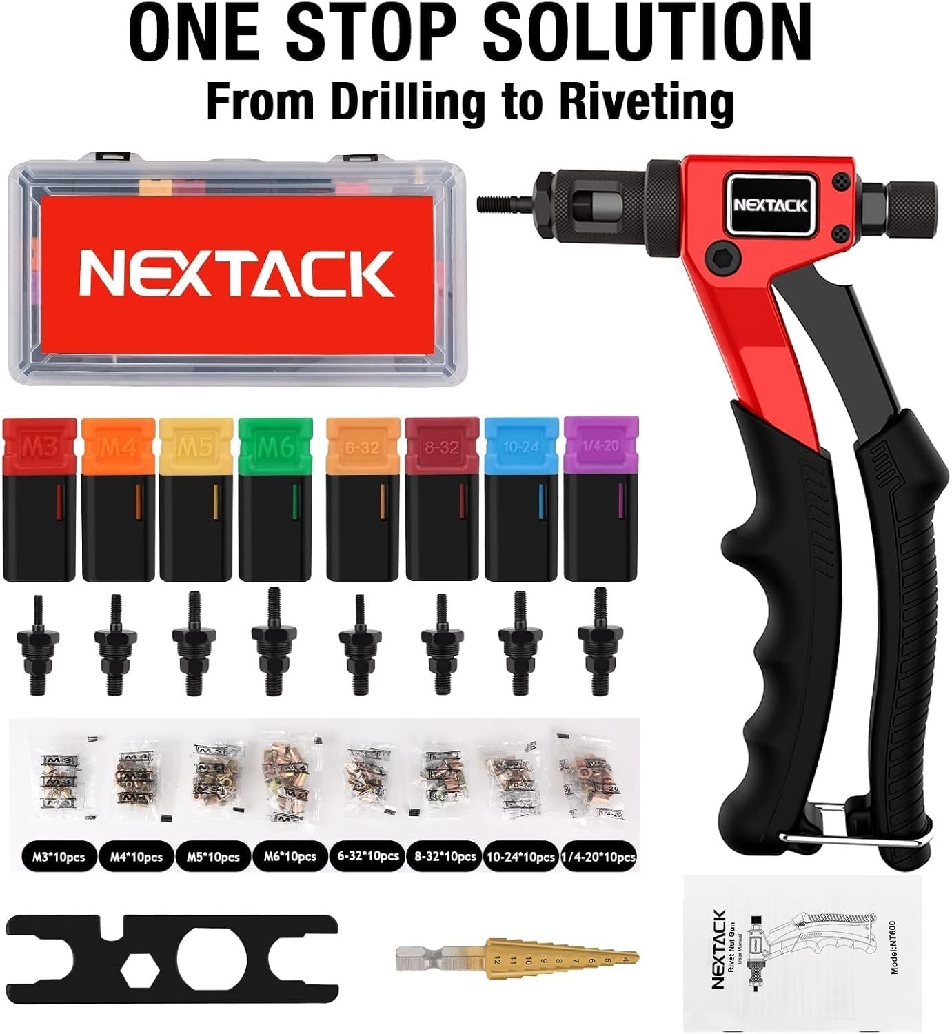 Rivet Nut Tool Kit with a Step Drill Bit & 80 Nutserts for Tight Space, 8" Rivnu