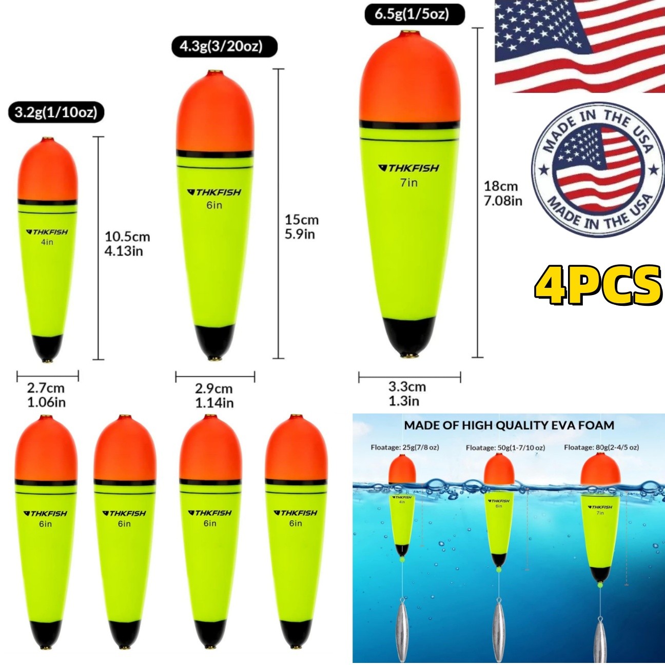 4PCS 4", 6", 7" Fishing Slip Bobbers Catfish Bobbers Assortment Freshwater EVA