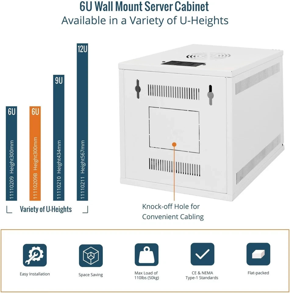 10" Wall Mount 6U Network Cabinet - 110Lbs Capacity, White Server Rack Set