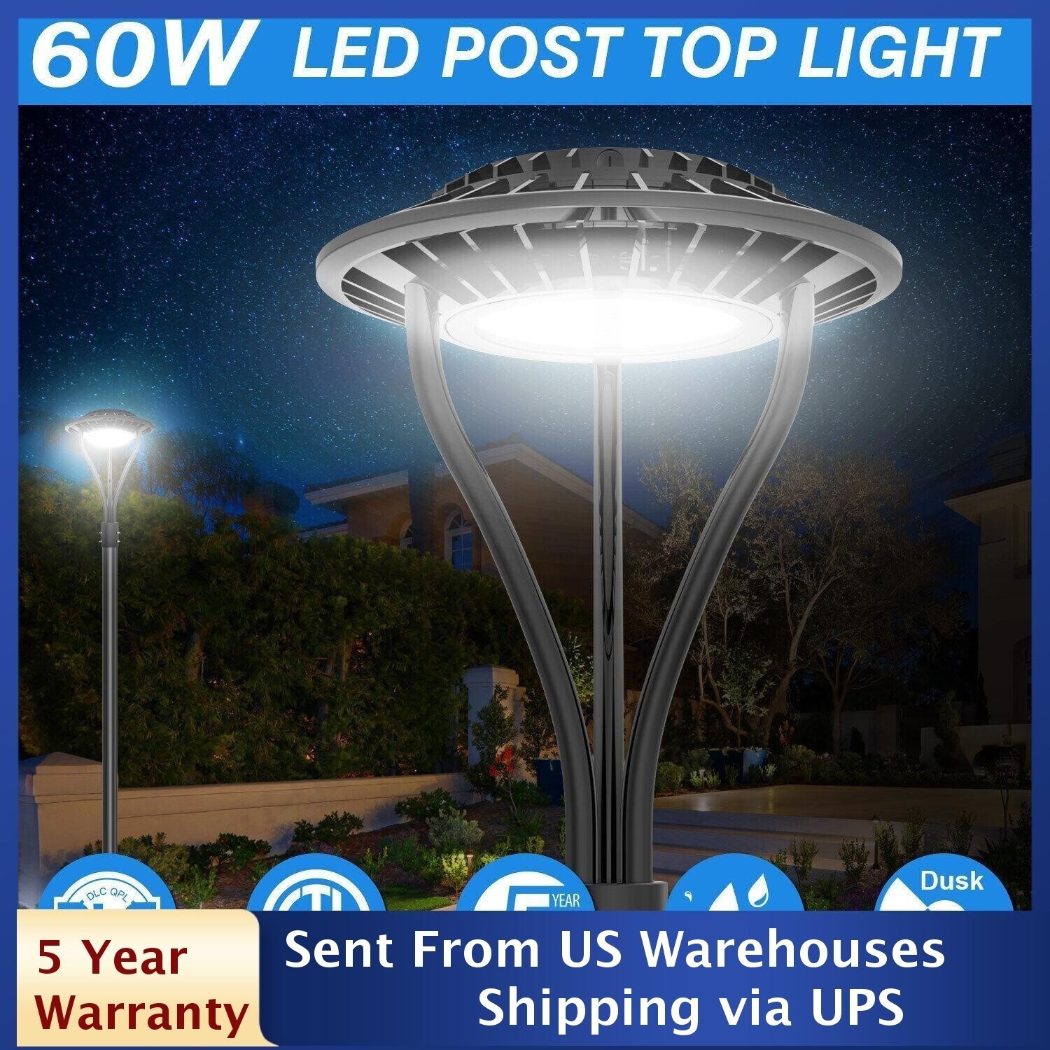 60W Led Post Top Light Dusk to Dawn 8400LM Outdoor Circular Area Pole Light.