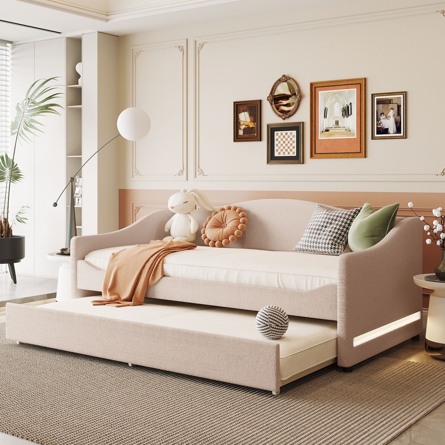 Twin Size Daybed Upholstered Bed Frame Sofa Bed w/ Trundle Bed & LED Lights
