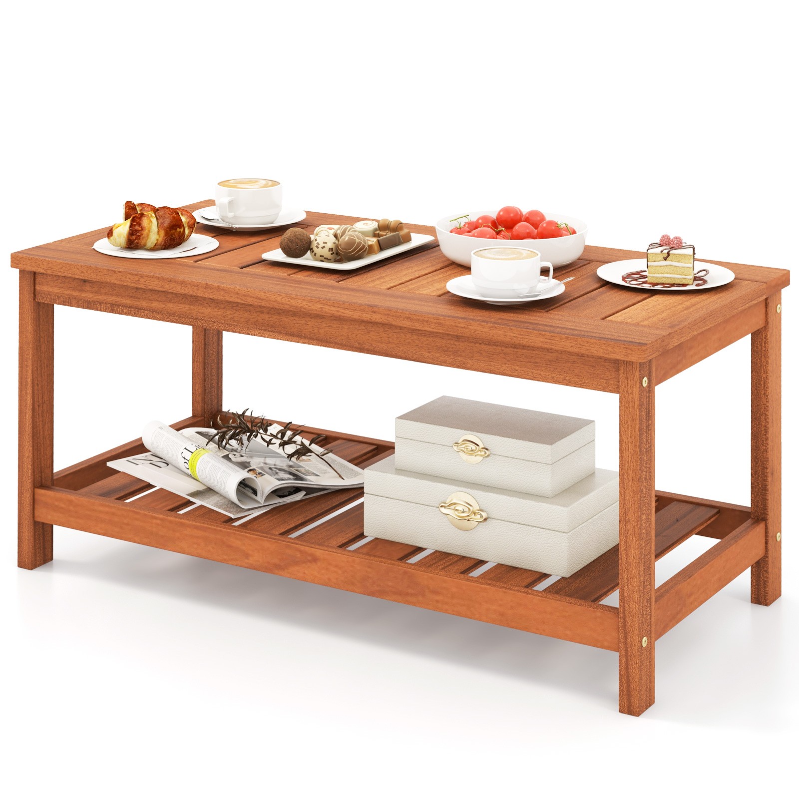 Patio Coffee Table 2-Tier Outdoor Side Rectangle Side Table Solid Wood Porch