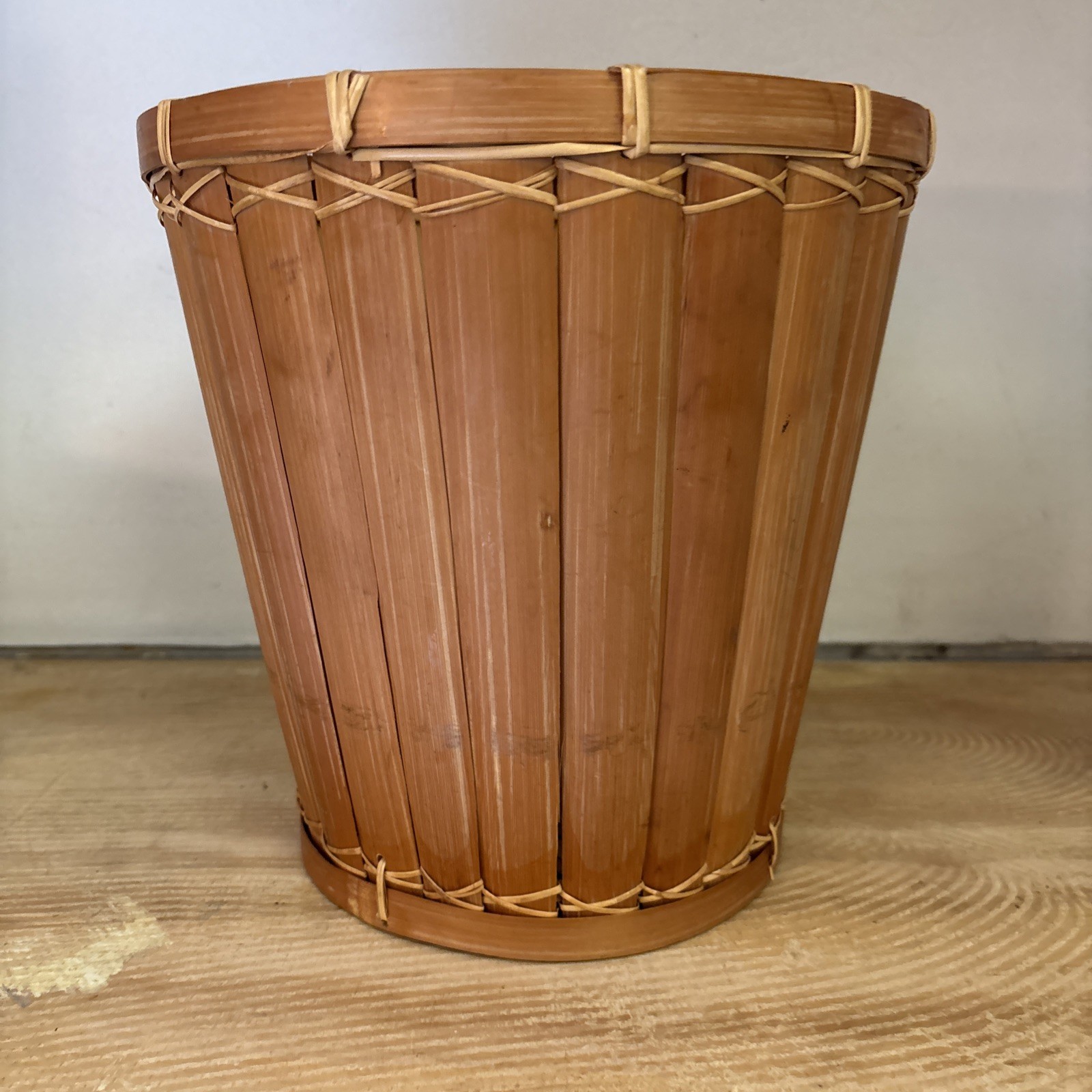 Vintage Natural Bamboo Planter Or Wastebasket 10”
