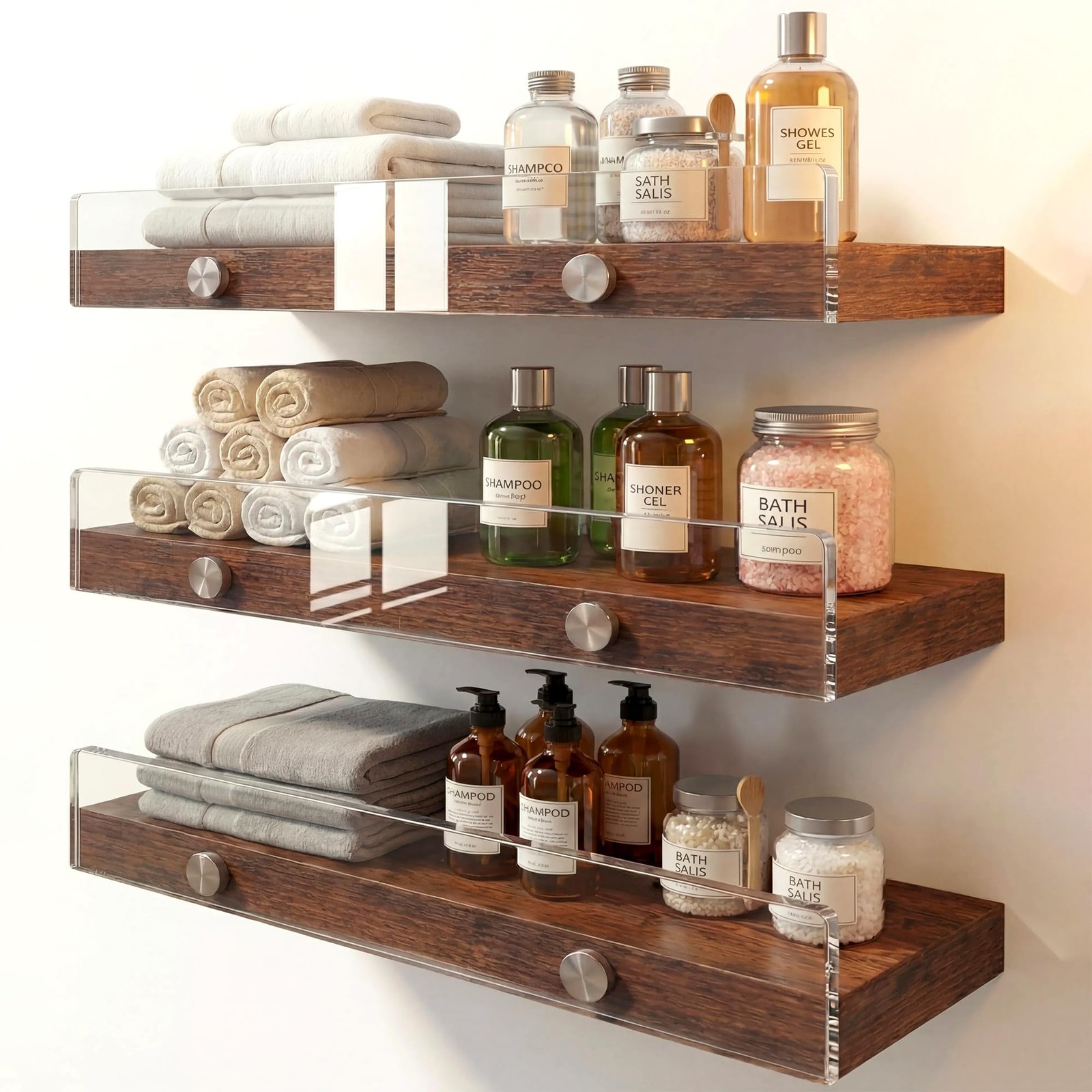 3 PCS 15.7 Inch Wood Floating Shelves Acrylic Front Lip Wide Wall Storage