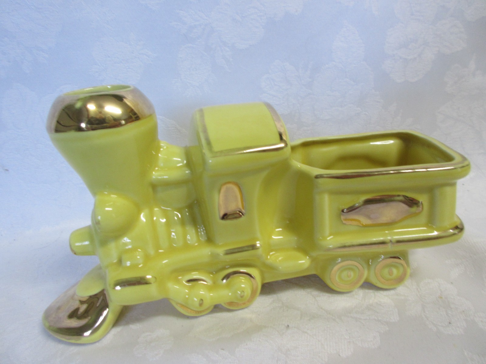 1950's Yellow Train Steam Engine Planter  With Gold Trim, 9" Long, MINT!