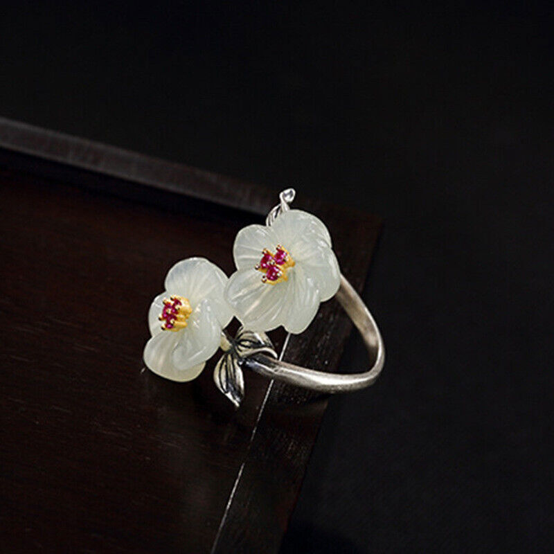 White Jade Flower Rings Natural Jewelry Carved Women 925 Silver Adjustable Ring
