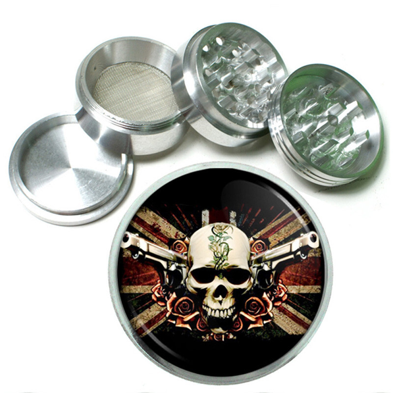 Skull D2 Black Metal Herb Grinder 4 Piece Hand Mueller