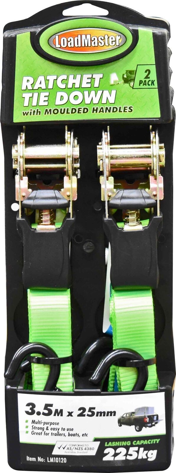 Loadmaster LM10120 Ratchet Tie Downs with Moulder Handle 225kg L 3.5m x W 25mm