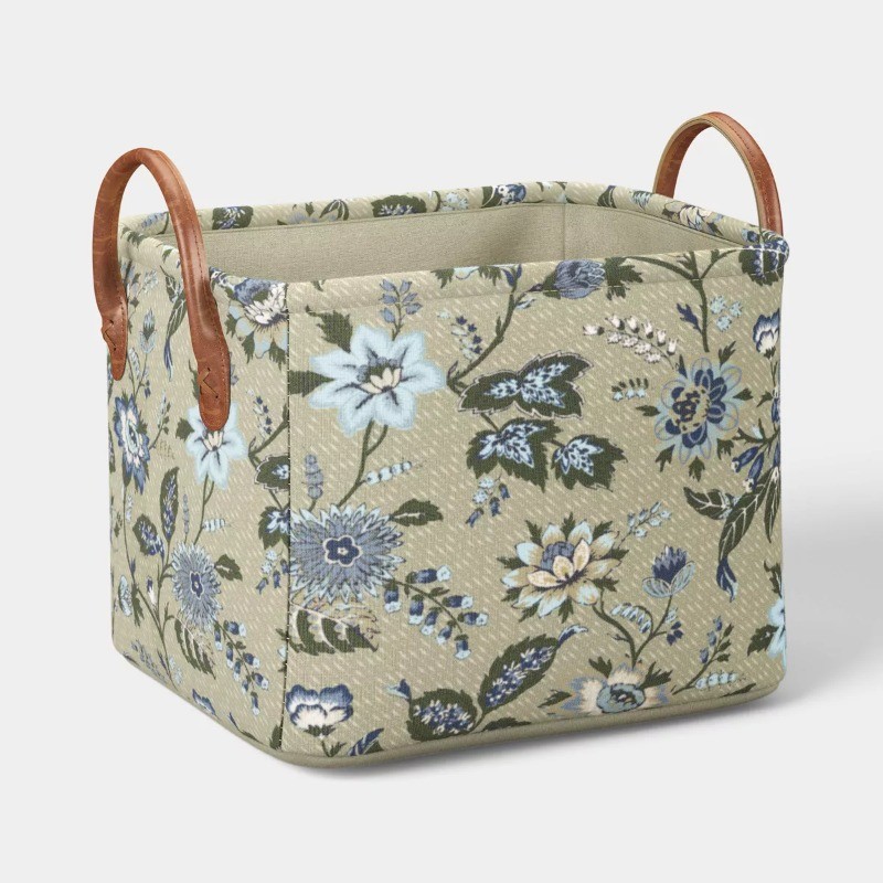 Small Quilted Fabric Bin Green Floral