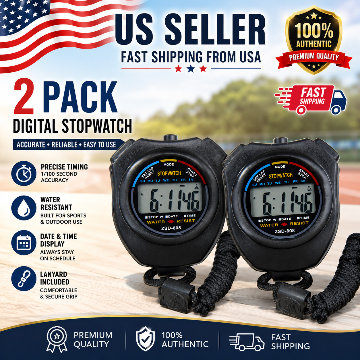 2PCS SET Digital Stopwatch Sports Counter Chronograph Date Timer Odometer Watch